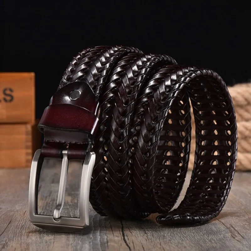 2023 Men Retro Pure Leather 4cm Wide New Design Hand Woven Belt Casual Needle Buckle Clothing Fashion Brown Accessories Denim