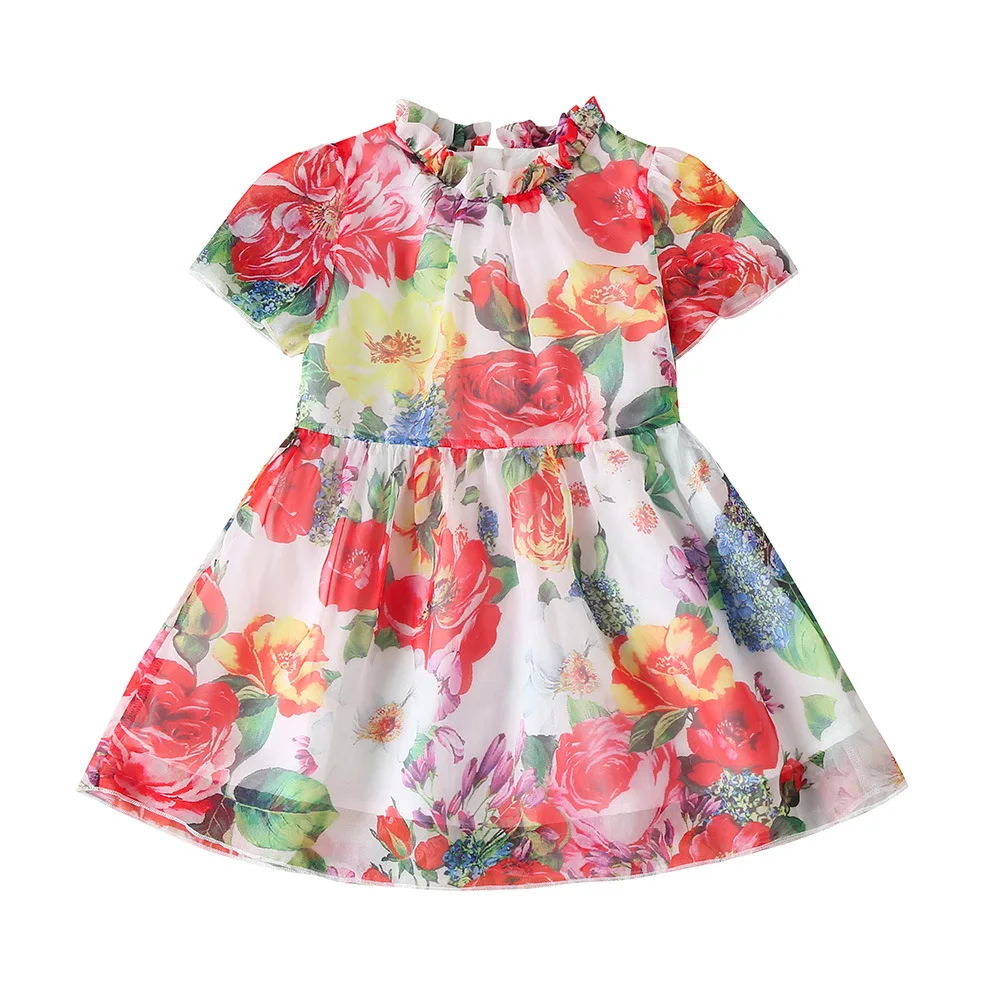 

Spring Summer Baby Girls Floral Print Dress Knee Length Kids Clothing Ruffles Short Sleevel Milk Silk Princess Dress For Girls