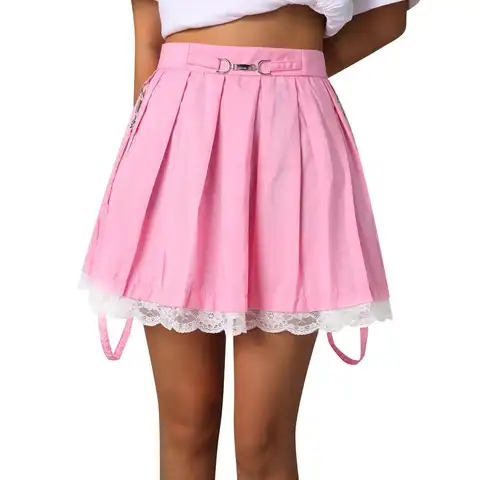 Sweet Mini Pleated Skirts Pink 2023 New Summer Women High Waist Harajuku Lolita Girls Lace Hem Cute Skirts Streetwear Faldas