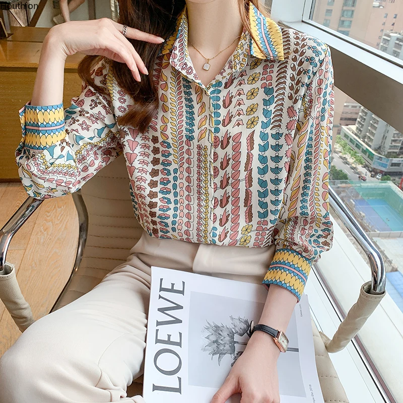 

Блузка женская шифоновая с длинным рукавом, Повседневная модная рубашка-поло с принтом, с прострочкой, свободного покроя, для девушек, на ле...