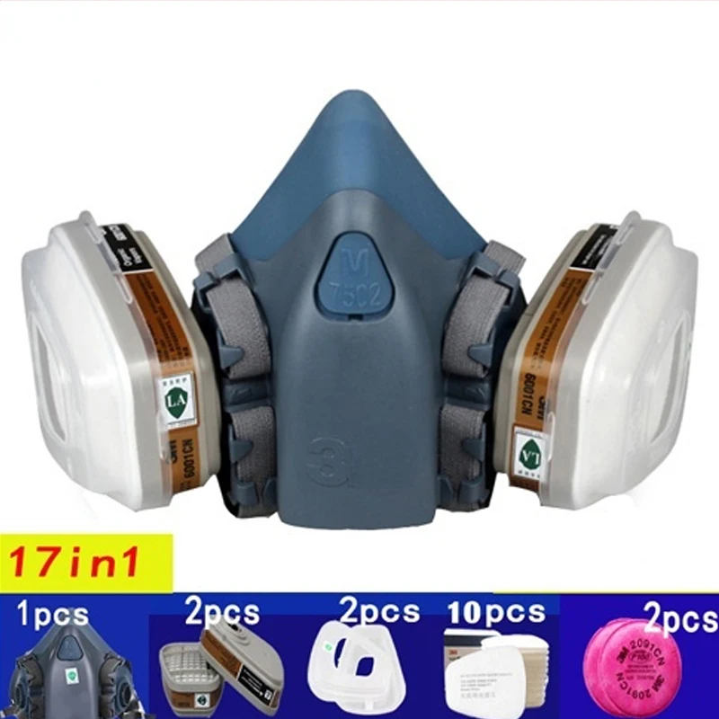 

3/7/9/15/17in1 7502 Gas Mask Chemical Respirator Protective Mask Industrial Paint Spray Anti Organic Vapor 6001/2091 Filter