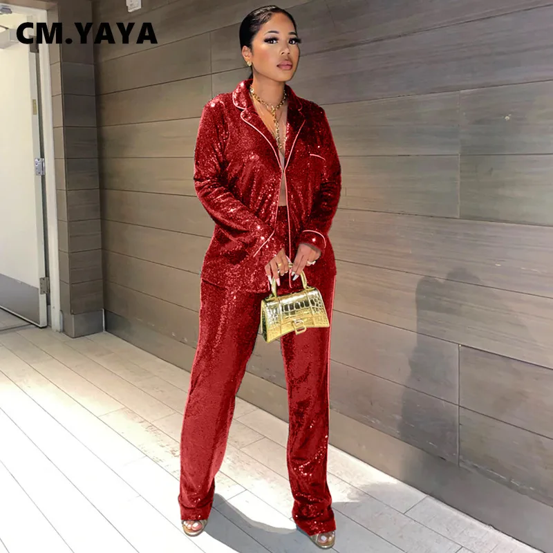 CM.YAYA Elegant Sequins Women's Set Blazer Shirt and Wide Leg Pants 2022 Sexy Party Evening Night Two 2 Piece Outfits |