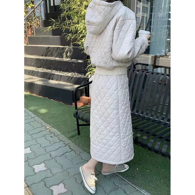 Autumn and Winter Fashion Lingge Hooded Cotton Dress Suit A-line Skirt Warm Top Two-piece Set