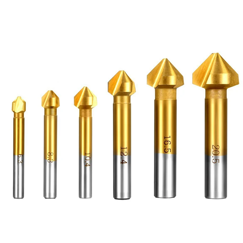 6pcs 6.3-20.5MM Titanium Round Shank 3 Flute 90 Degree HSS Chamfer Chamfering Cutter End Mill Tool Countersink Drill Bit Set