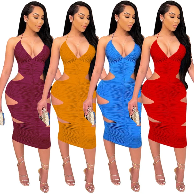 

2022 summer new style hanging neck wrapped chest rubber band wrinkled hole open back fashion sexy dress for women