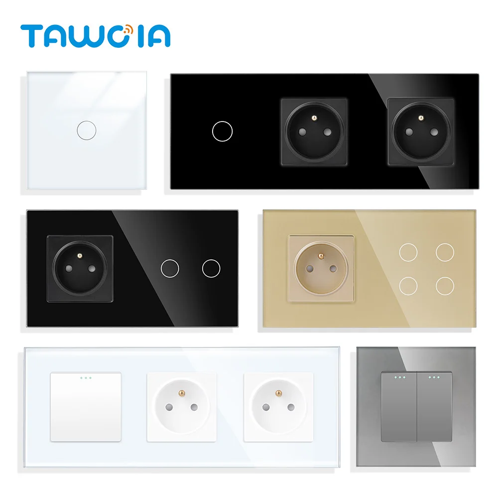 

TAWOIA French Polish Power Socket Touch Switch Glass Panel USB Double Outlet Triple Wall Sockets Button Switch Fits E-type Plugs