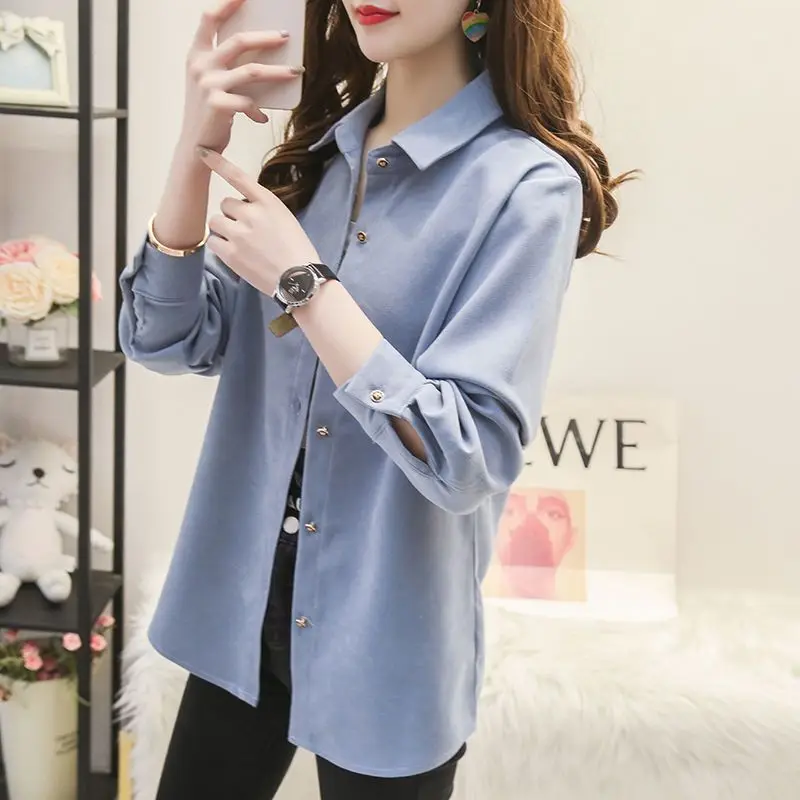 New Office Lady Polo Collar Button Straight Loose Long Sleeved Fashion Shirts Spring Autumn Blouses Women's Clothing T328