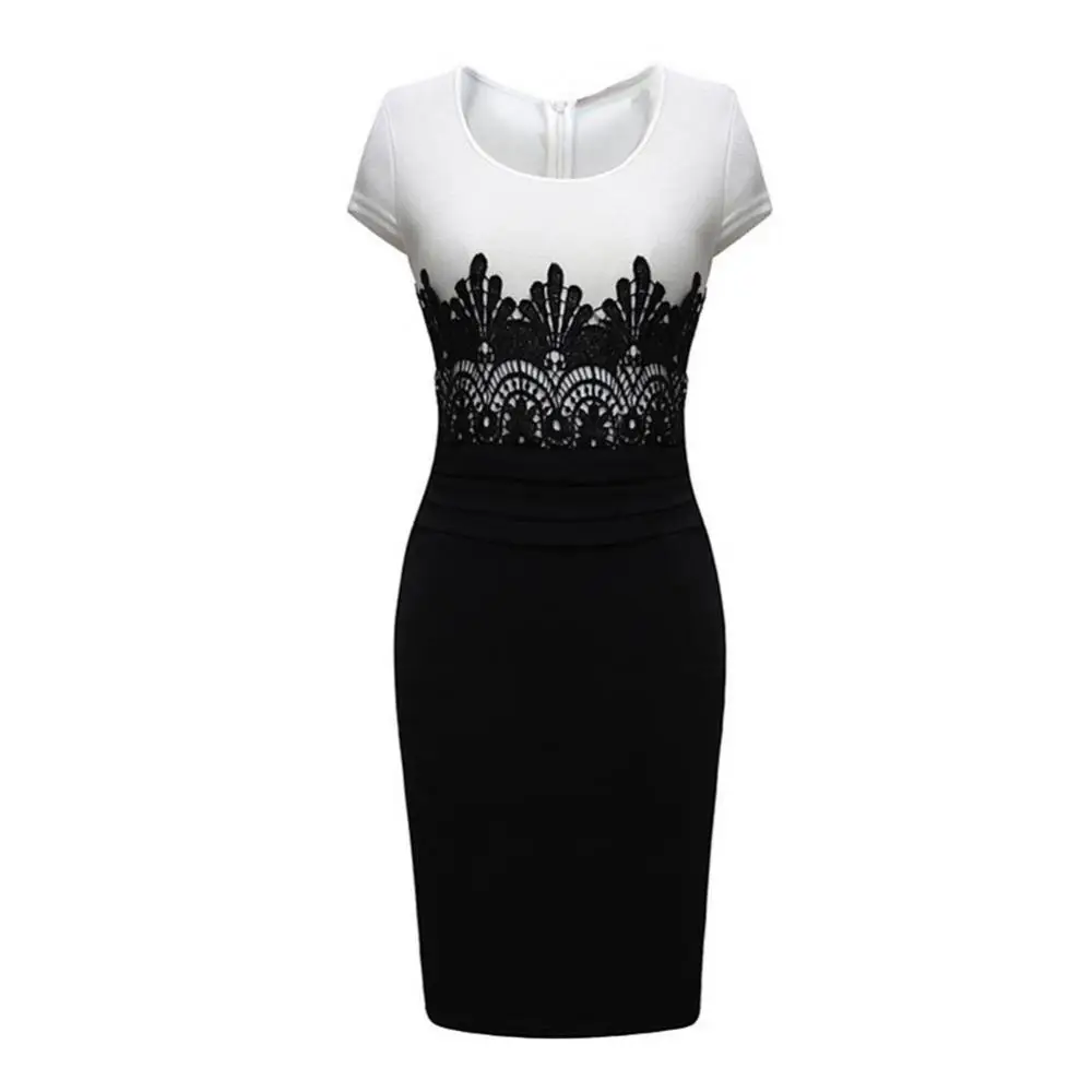 

Sexy Dress Bodycon Short Sleeve Women Lace Patchwork Color Block Knee-length Dress