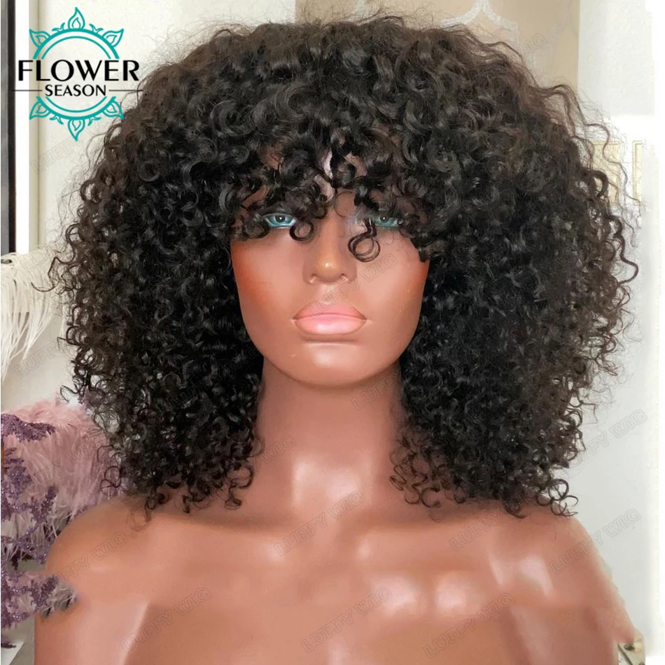 Curly Human Hair Wig With Bangs Glueless Brazilian Human Hair Wig O Scalp Top Full Machine Made Wig for Women 180% FlowerSeason