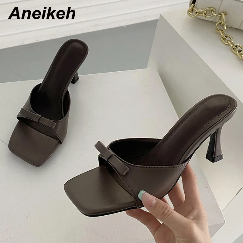 

Aneikeh Summer Fashion Peep Toe Sweet Butterfly-knot Beach Mules Slippers Ladies Shoes PU Shallow Slides Stiletto 2022 NEW Solid