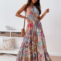 womens 2022 summer new dress temperament all match fashion casual sexy floral halter skirt bohemian long skirt