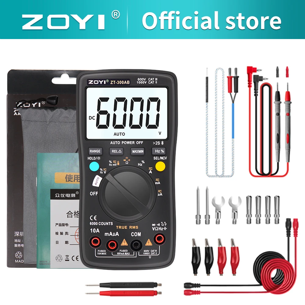 

Цифровой мультиметр ZOYI ZT-300AB, беспроводной мультиметр True RMS, ручной/автоматический выбор диапазона, 6000 отсчетов, диаметр мм, емкость напряжения, температура, ампер, Ом, Диод