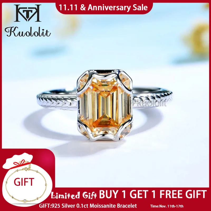 

Kuololit Yellow Moissanite 18K 14K 10K 585 White Gold Set Rings for Women 3CT Emerald Cut Moissanite Luxury Ring for Engagement