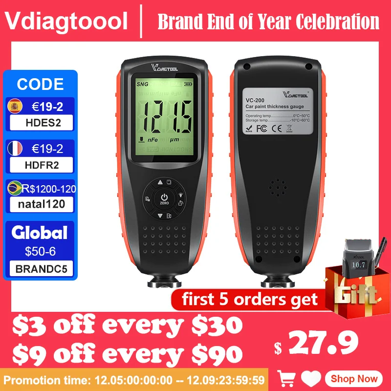 

VDIAGTOOL VC200 Coating Thickness Gauge 0-1500 Backlight Car Paint Film Thickness Tester FE/NFE Measure Car Paint Tools