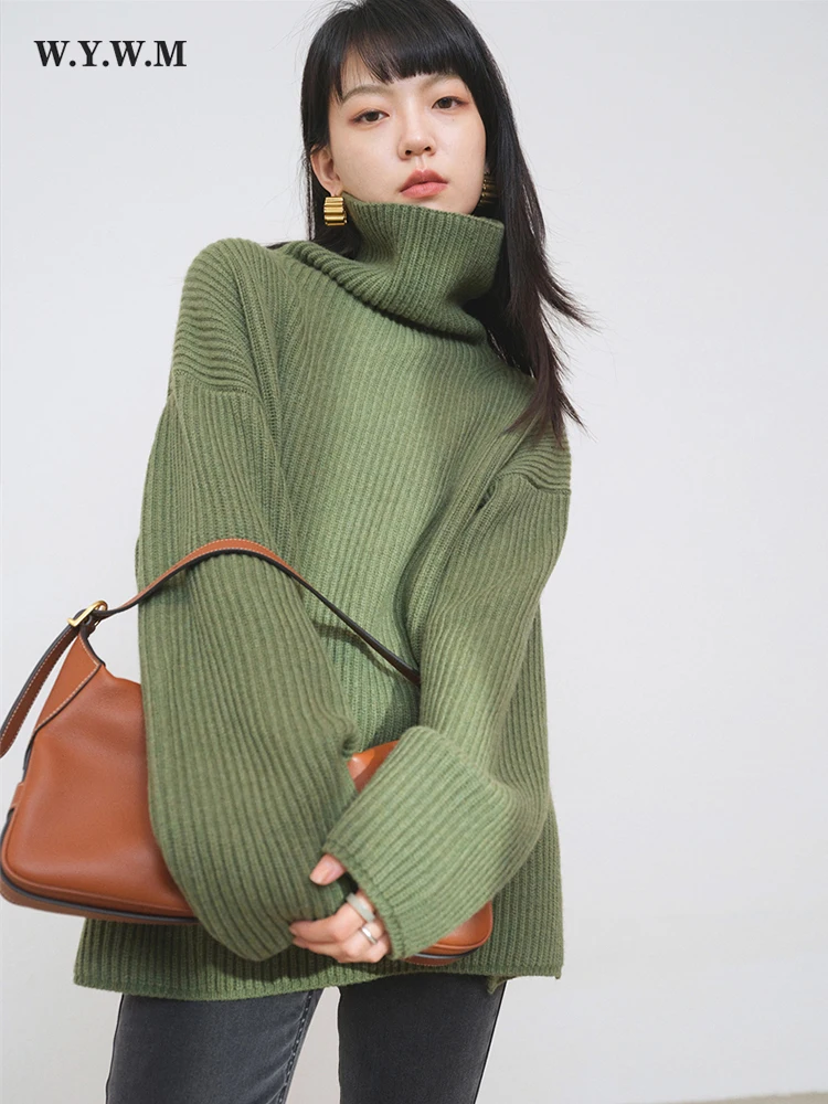 

WYWM Solid Turtleneck Knitted Sweater Women Autumn Loose Long Sleeve Basic Pullover Female Casual High Street Knitwear Jumper