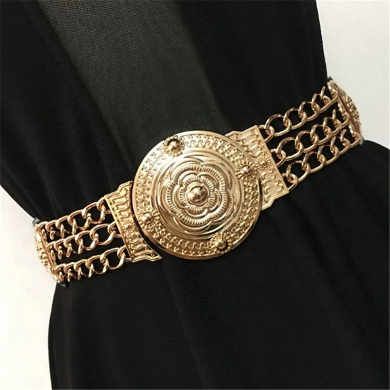 

Female Golden Chain Belt Women Waist Belts Fashion Ladies Floral Elastic Wide Gold Metal Belts For Dress Clothes Decor