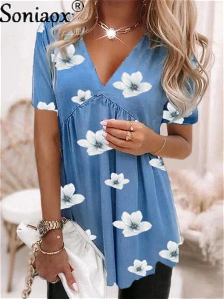 Купи 2022 Women Fashion Floral Printed T-Shirt Summer New Ladies V-Neck Casual Tunic Tops Female Short Sleeve Shirt Blusas Pullover за 515 рублей в магазине AliExpress