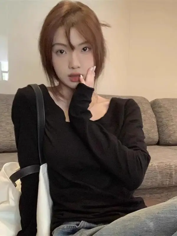 Black Thin Long sleeves Shirt Women Early Autumn Design Sense Unique Chic Simple Slimming Lazy Loose Top