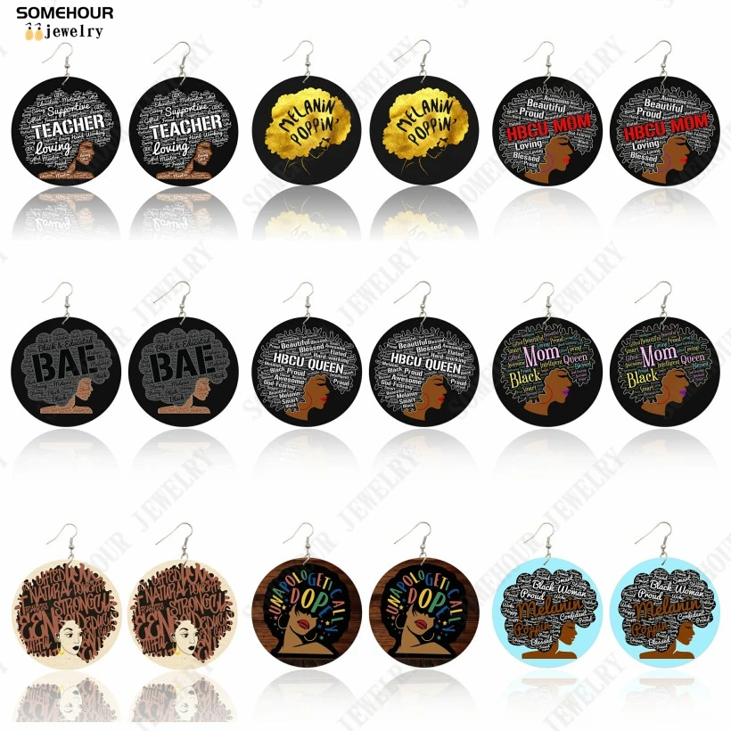 

SOMEHOUR BAE HBCU MOM Queen Afro Curly Wooden Drop Earrings Unpologetically Woman Dope Black Proud Sayings Printed Loops Dangle