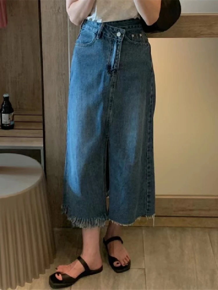 

Женская джинсовая юбка с высокой талией, Повседневная Длинная свободная юбка с кисточками и карманами, элегантная винтажная джинсовая юбка...