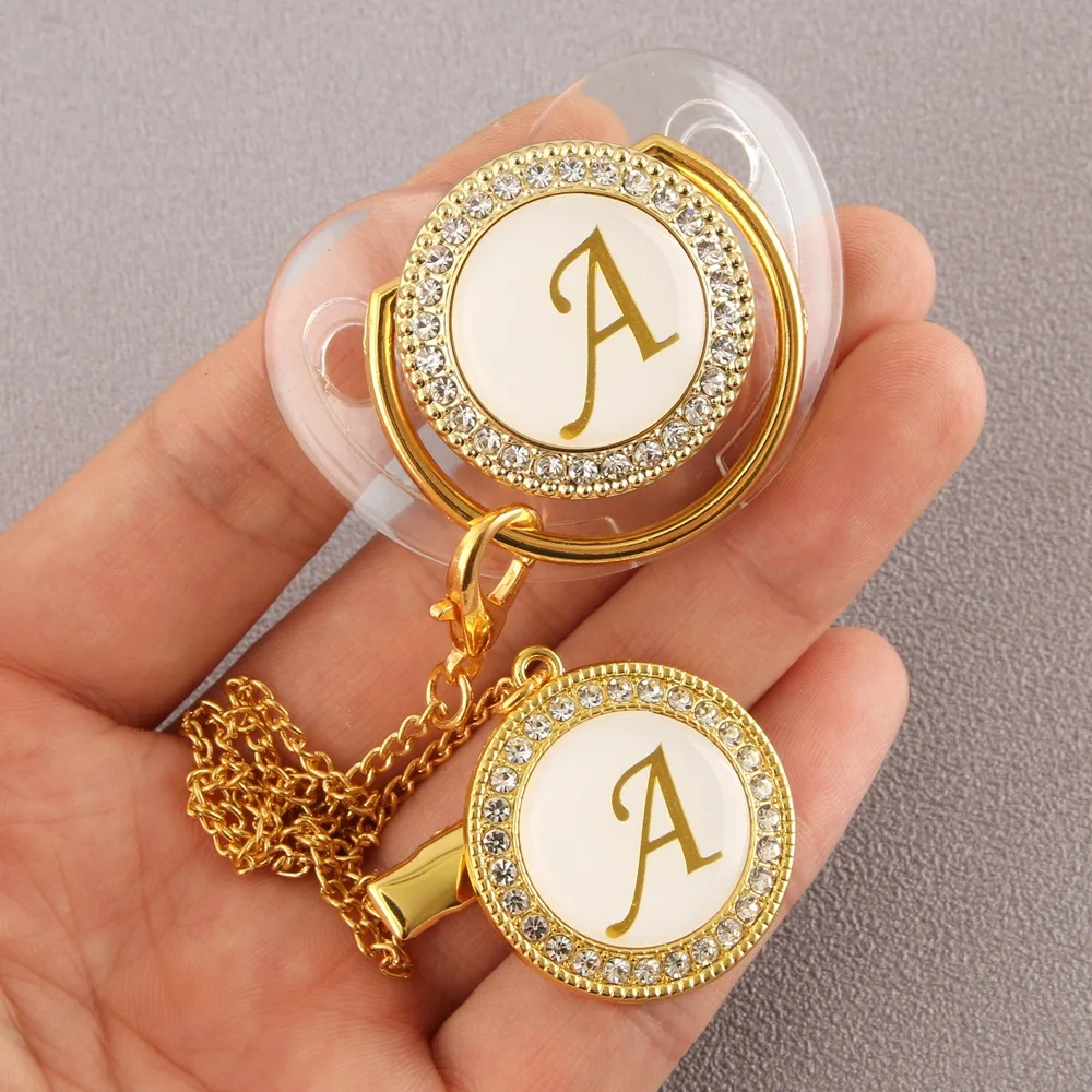 

Golden 26 Name Initials Transparent Baby Pacifier With Chain Clip Silicone BPA Free Dummy Nipples Bling Rhinestones Baby Soother