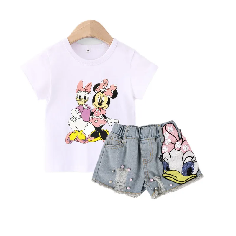 

Summer Little Girls Clothes Minnie Mouse Shirt&daisy Duck Broken Hole Denim Shorts Two Piece Set Fashion Clothing Teen Outfits