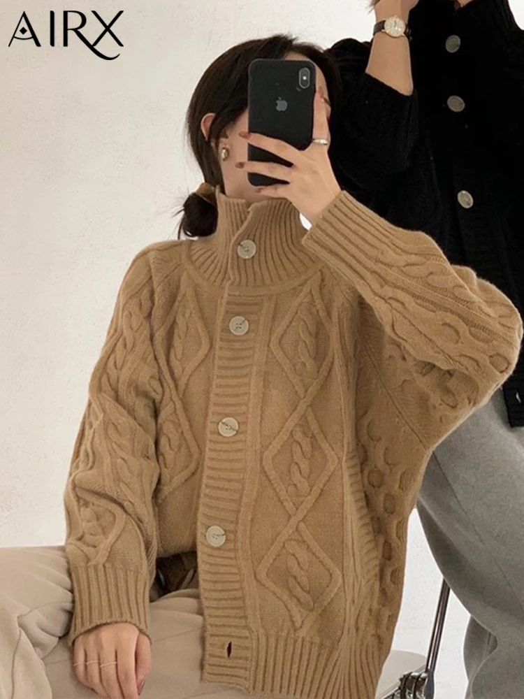 

AIRX Knitted Sweater Women Autumn And Winter Simple Turtleneck Sweater Cardigan Thicken Solid Color Long Sleeve Loose Tops