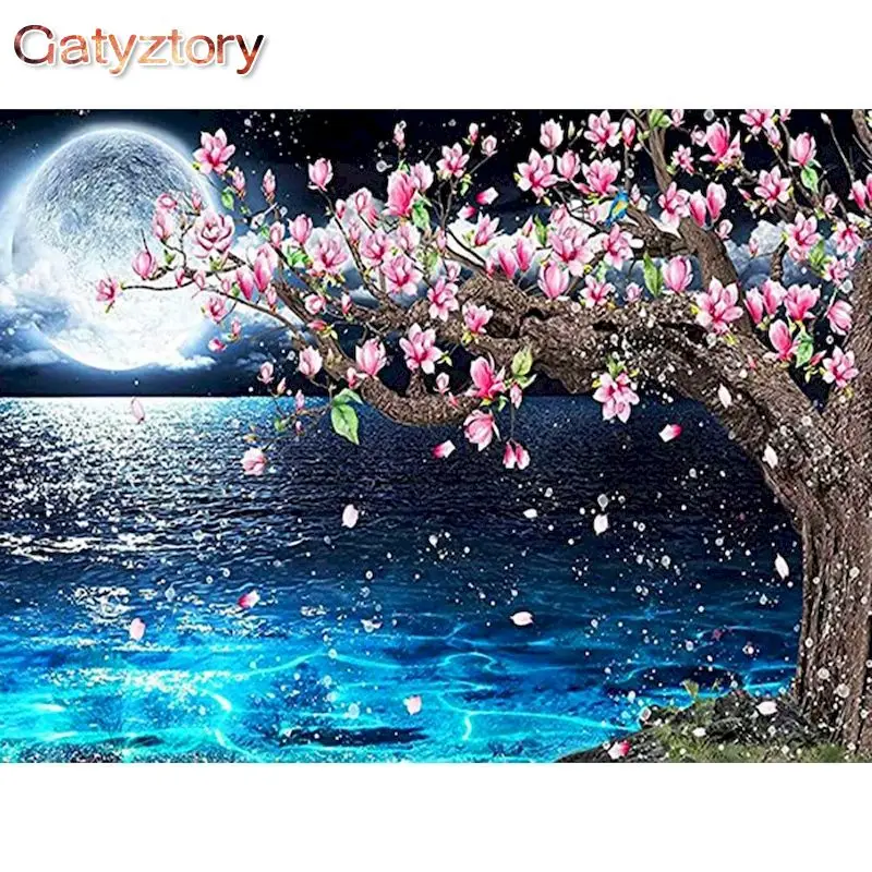 

GATYZTORY DIY Painting By Numbers Cherry Blossoms Tree Scenery Oil Pictures By Numbers Kits Drawing Canvas HandPainted Home Deco