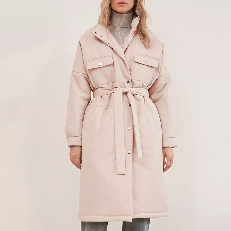 New2022 Spring Single Breasted Parkas Women Fashion Stand Collar Coat Women Solid Tie Belt Simple Cotton Jackets Female Ladies