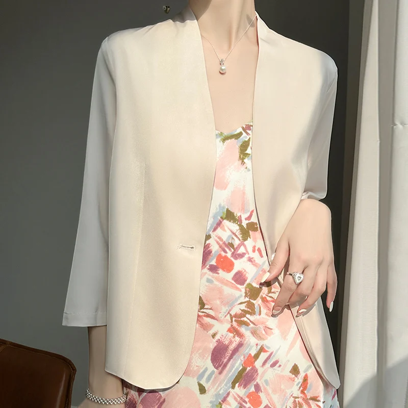 Three-Quarter Sleeve Acetic Acid Satin Small Suit Jacket Women's Summer Thin Suit Jacket High-Grade Casual Jacket Sleeve