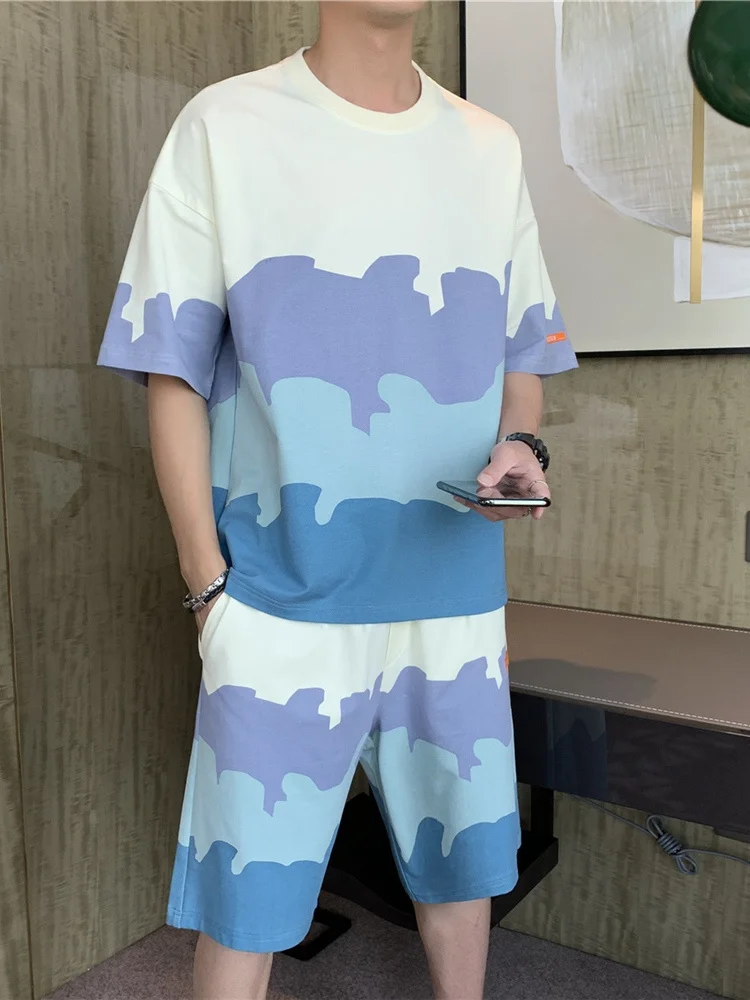 

Summer Gradient Tracksuit Men Sportswear Short Sleeve Cotton T-Shirts+Shorts 2 Piece Men's Sweat Sets Casual Jogger Suits