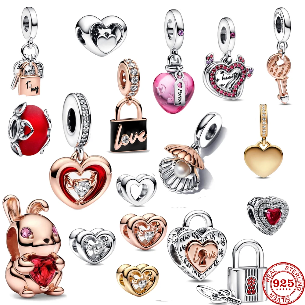 

925 Sterling Silver Frosted Red Murano Glass & Hearts Lock Charm Bead Fit Original Pandora Bracelet Trinket 2023 New Love’s Gift