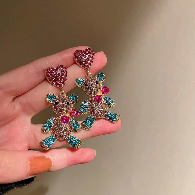 

Vintage Color Rhinestone Heart Bear Earrings for Women Creative Bear Drop Earrings 2022 Trend Girls Jewelry