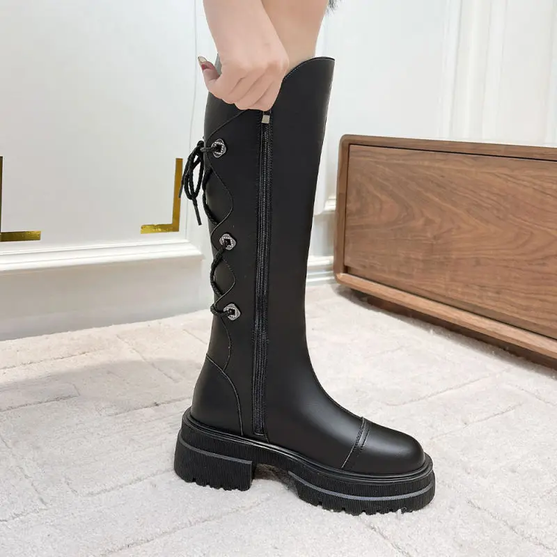Women's Spring Autumn Boots Fashion Lady PU Leather Knee-High Back Lace Up Black Shoes Motorcycle Boots Female 2023 New