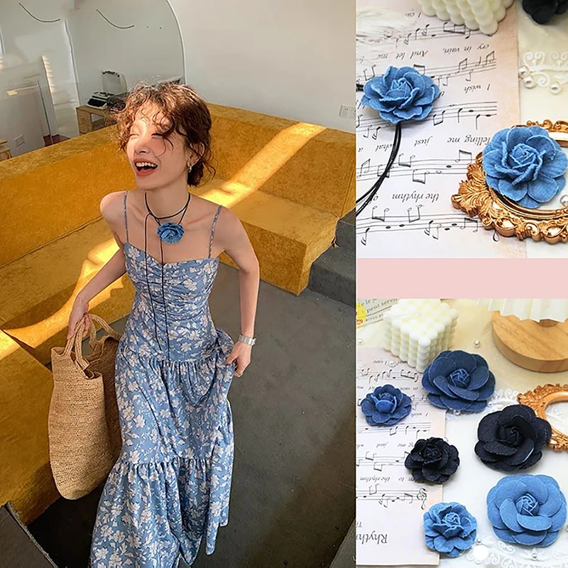 Джинсовая ткань Цветы Искусственный цветок камелии Голова для DIY Аксессуары