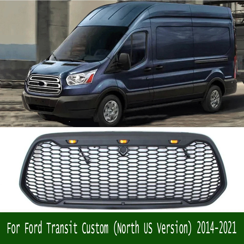 

For Ford Transit Custom (North US Version) 2014-2021 Car ABS Black Or Grey W/LED Light Front Mesh Grill Mask Bumper Grille Fit