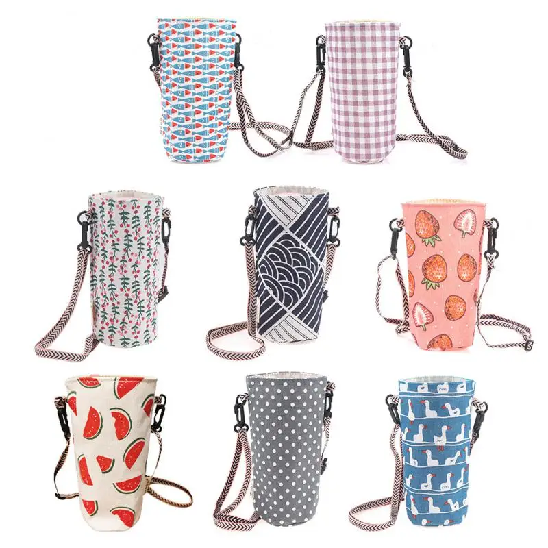 

1PC Linen Canvas Water Cup Bag Adjustable Portable Lanyard Cup Holder Handle Shoulder Crossbody Mug Bag Fashionable Cup Bag