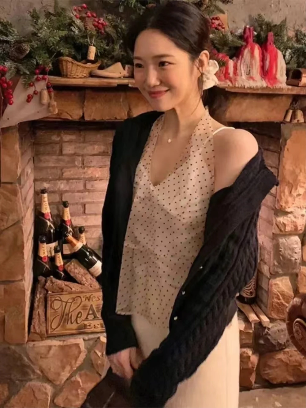 Корейский стиль Instagram кружевное волнистое платье на бретельках женское Сетчатое