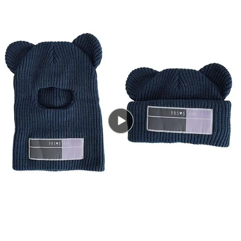 

Bear Ear Knitted Hat Autumn Winter Thickened Head Knitted Cold Windproof Warm Funny Mask Hat Riding Mountaineering Equipment