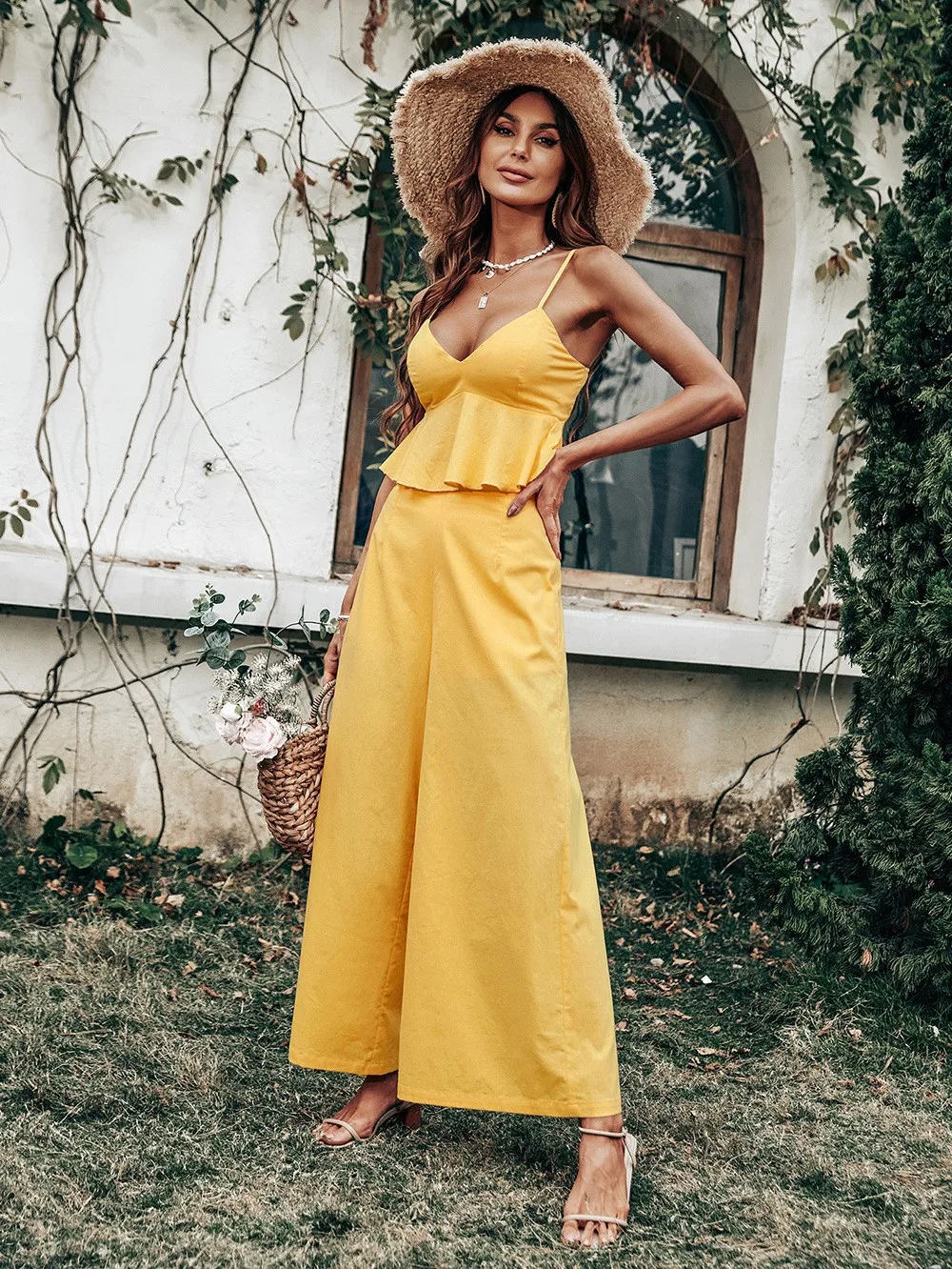 

Summer Casual Women Set Two-piece Suit Yellow Vest Top Open Back Sexy Suspenders Casual One Piece Trousers Wide-Leg Pants