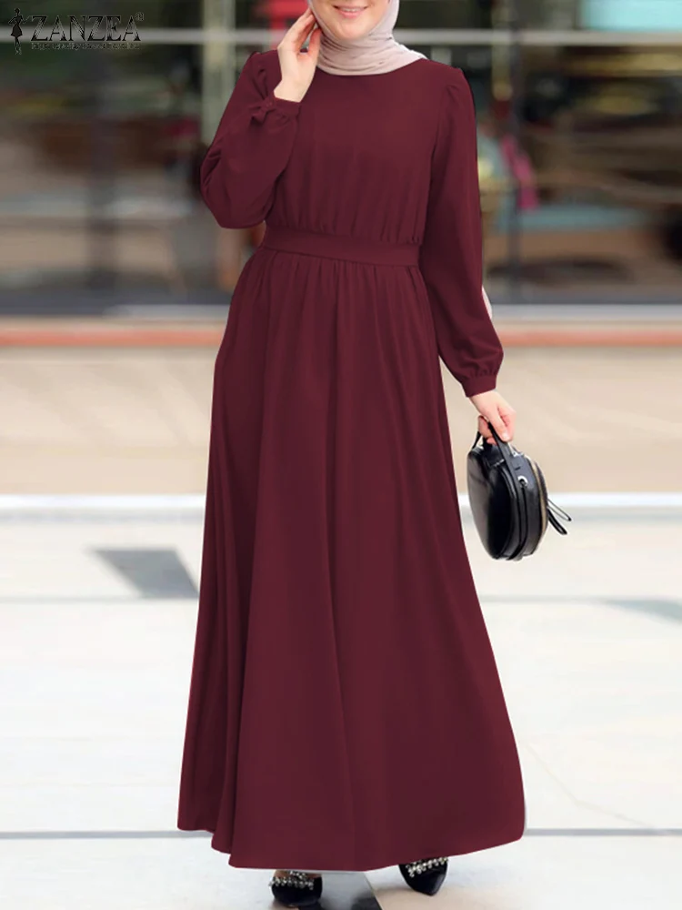 Модное женское Однотонное Платье макси с длинным рукавом, мусульманская абайя, элегантная мусульманская одежда ZANZEA, женское платье Рамадан...