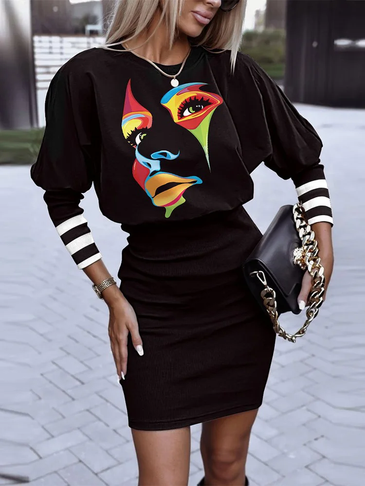

2022 Autumn Winter Elegant Print Package Hip Mini Dress Women Fashion O-neck Long Sleeve Slim Dresses Office Lady Party Dress