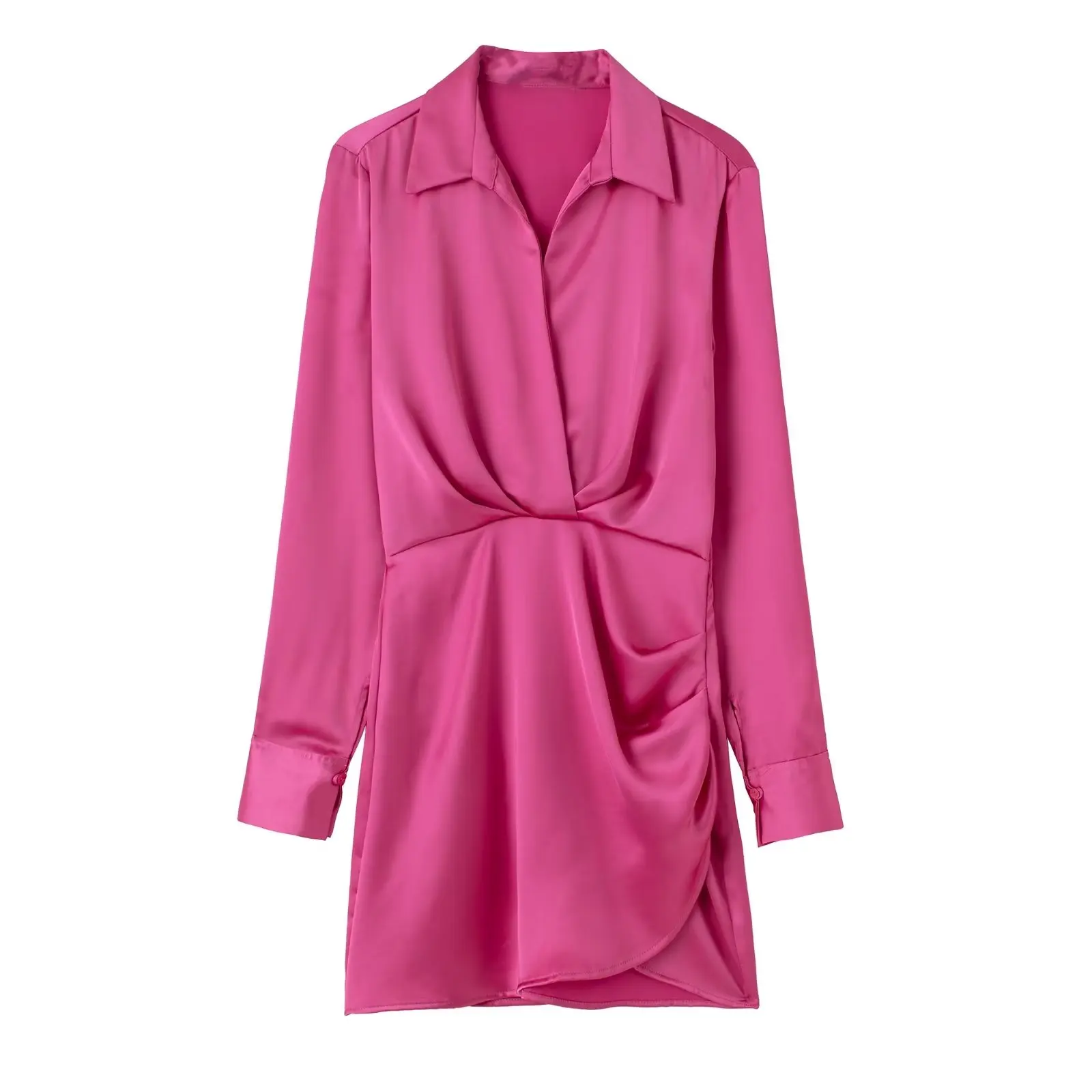 

SuperAen European and American Style Women's New 2022 Silk Texture Lapel Long Sleeve Pleated Short Dress