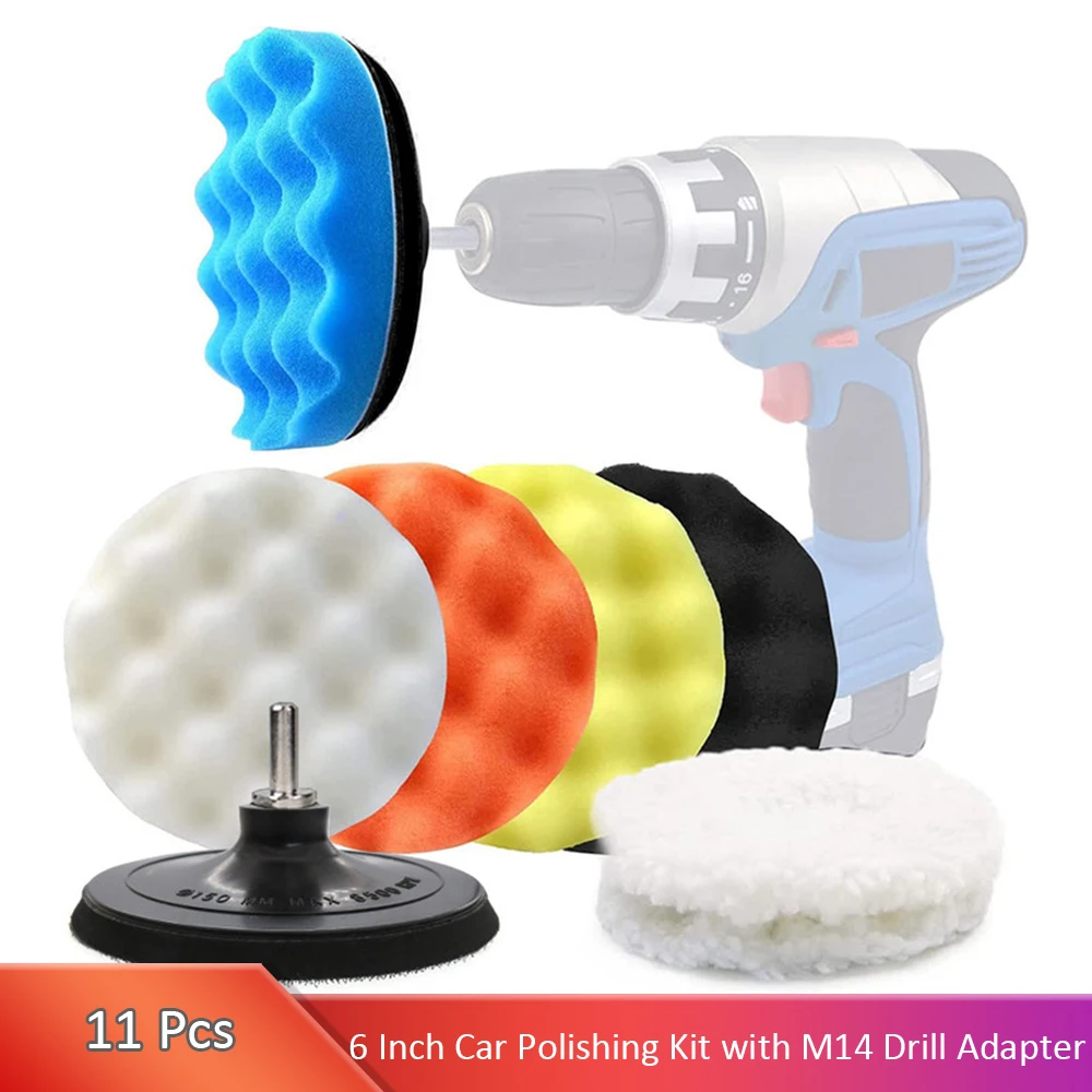 6 Inch Car Polishing Kit Buffing Sponge Pads Wool Bonnet Pads for Household Electric Drill and Auto Polisher with 8mm M14 Drill