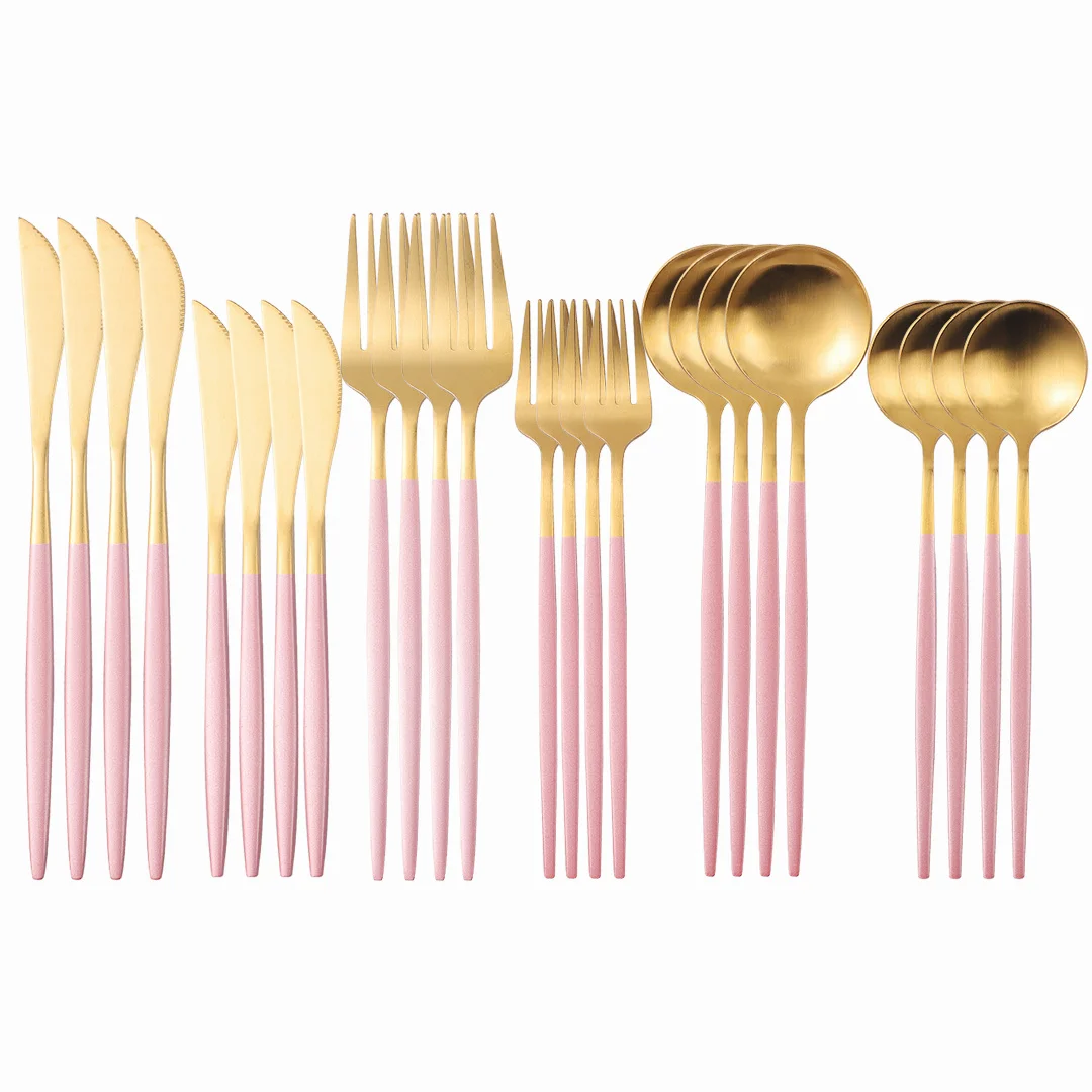 

Gold Cutlery Set Matte Stainless Steel 24Pcs Fork Spoon Knife Set Kitchen Dinner Tableware Dessert Spoons Flatware Dinning Set