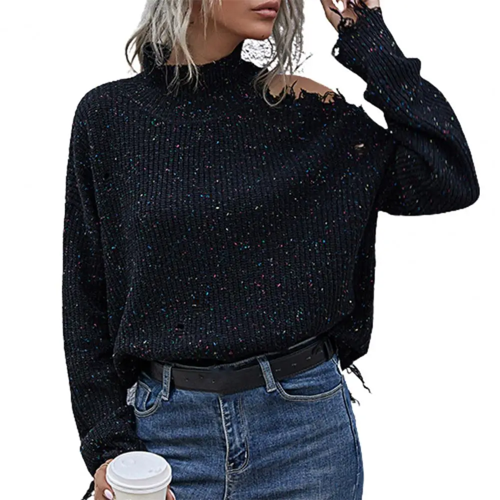 

High Collar Sweater Blouse Batwing Long Sleeve Knitwear Ripped Off Shoulder Knitted Top Jumpers for Office Clothing