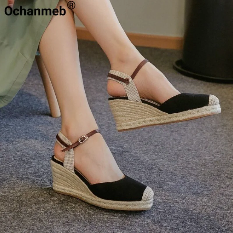 

Ochanmeb Women Sheep Suede Wedges High Heels Sandals Lace Up Buckle Summer Espadrilles Shoes Elegant Female Closed Toe Sandal 39