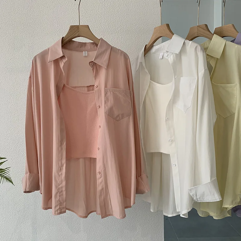 

Женская однобортная рубашка средней длины, Однотонная рубашка с отложным воротником и длинным рукавом в Корейском стиле, весна-лето 2023