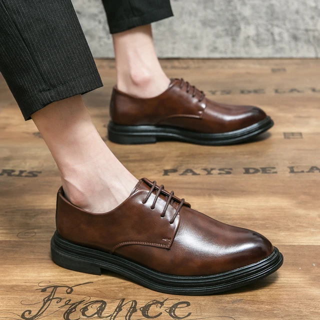 Derby Shoes Men PU Leather Shoes Solid Color Lace-up Thick Bottom Round Head Comfortable Business Dress Shoes 2