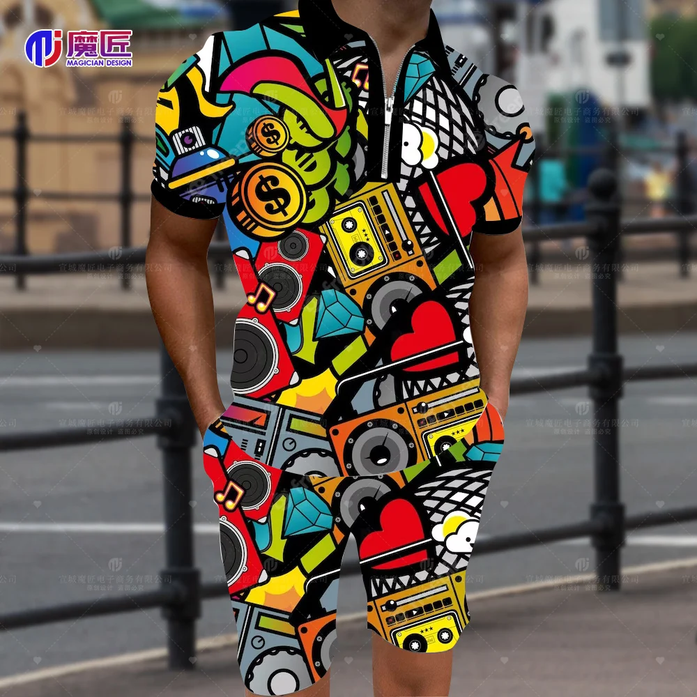 Anime 2023 New Summer Men's POLO Shirt 3D Cartoon Bomb Explosion Print Shorts Strange Shirt Harajuku Hip Hop Magic Shirt Set